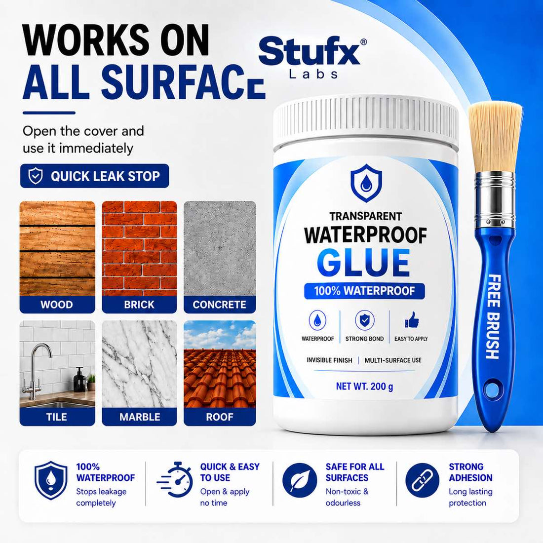 Stufx Lab Transparent Waterproof Glue jar showing compatible surfaces wood brick concrete tile marble roofing