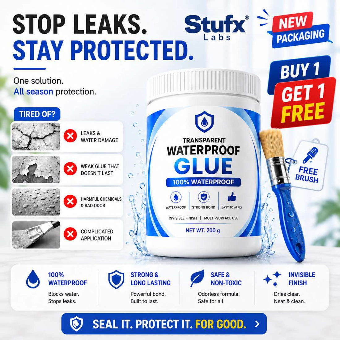 Stufx Lab Transparent Waterproof Glue new packaging with applicator brush and Buy 1 Get 1 Free offer