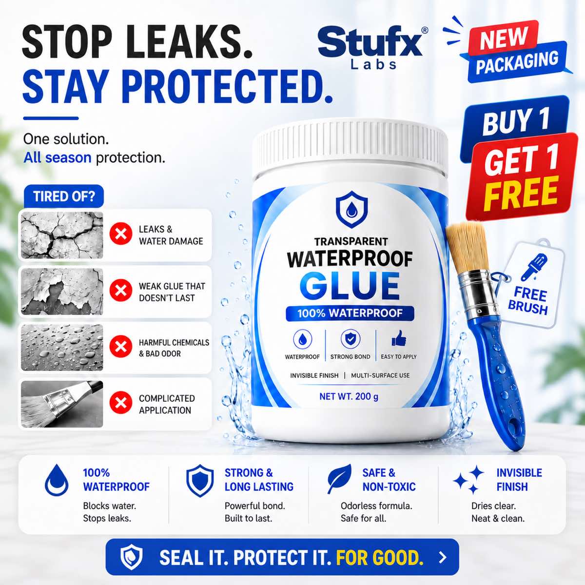 Stufx Lab Transparent Waterproof Glue new packaging with applicator brush and Buy 1 Get 1 Free offer