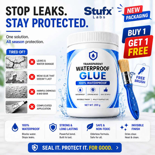 Stufx Lab Transparent Waterproof Glue new packaging with applicator brush and Buy 1 Get 1 Free offer