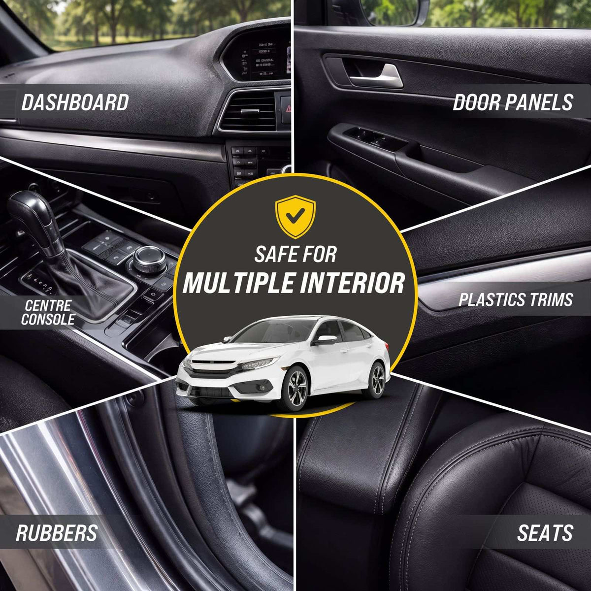 Car interior surfaces shown with dashboard, door panel and centre console examples