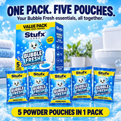 Stufx Labs Bubble Fresh foaming toilet cleaner value pack: one box with five 80g powder pouches
