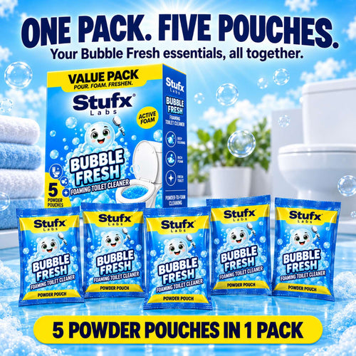 Stufx Labs Bubble Fresh foaming toilet cleaner value pack: one box with five 80g powder pouches