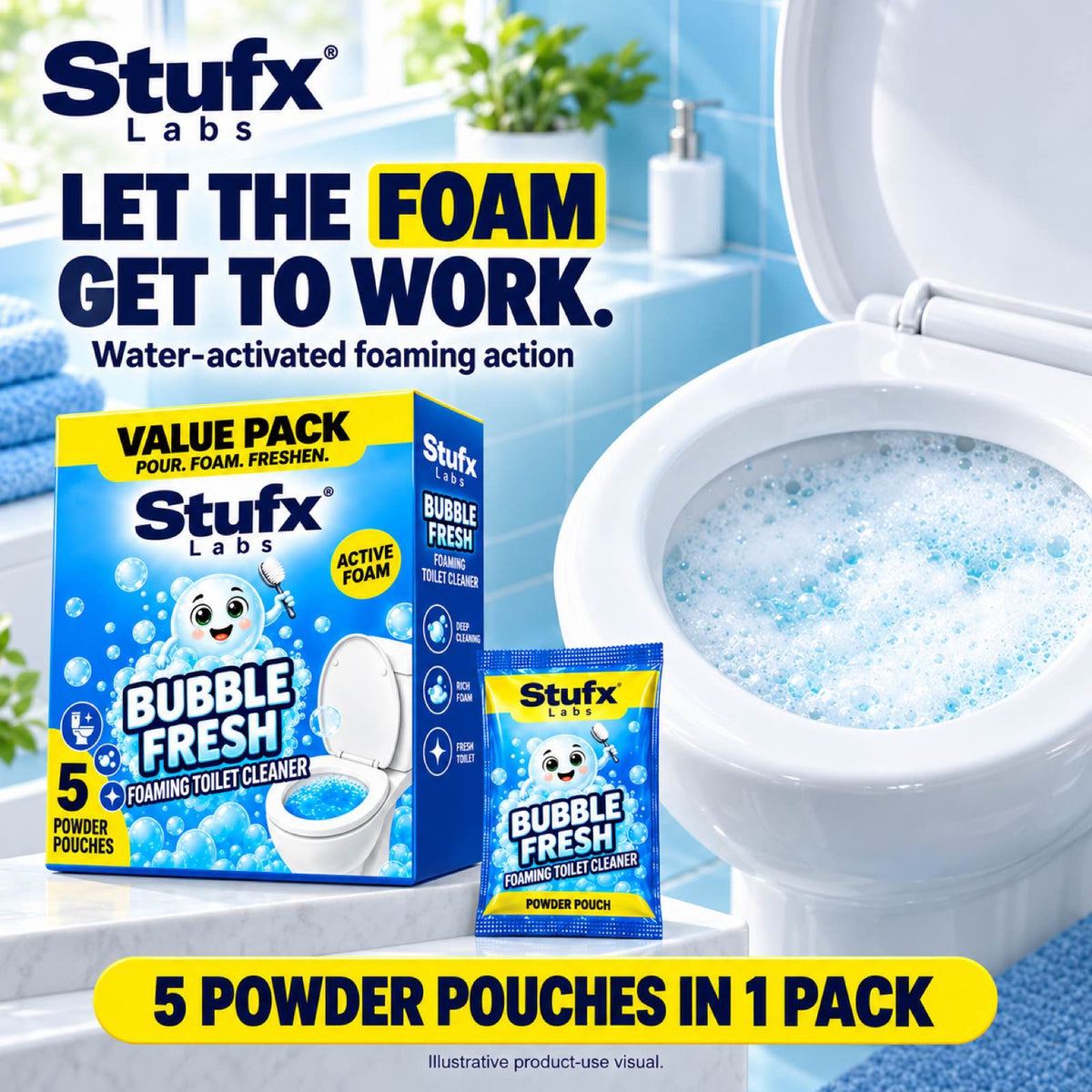 Bubble Fresh box and pouch beside a toilet bowl full of blue foam, water-activated foaming action