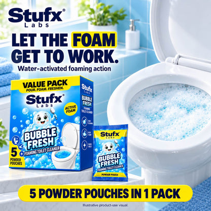 Bubble Fresh box and pouch beside a toilet bowl full of blue foam, water-activated foaming action