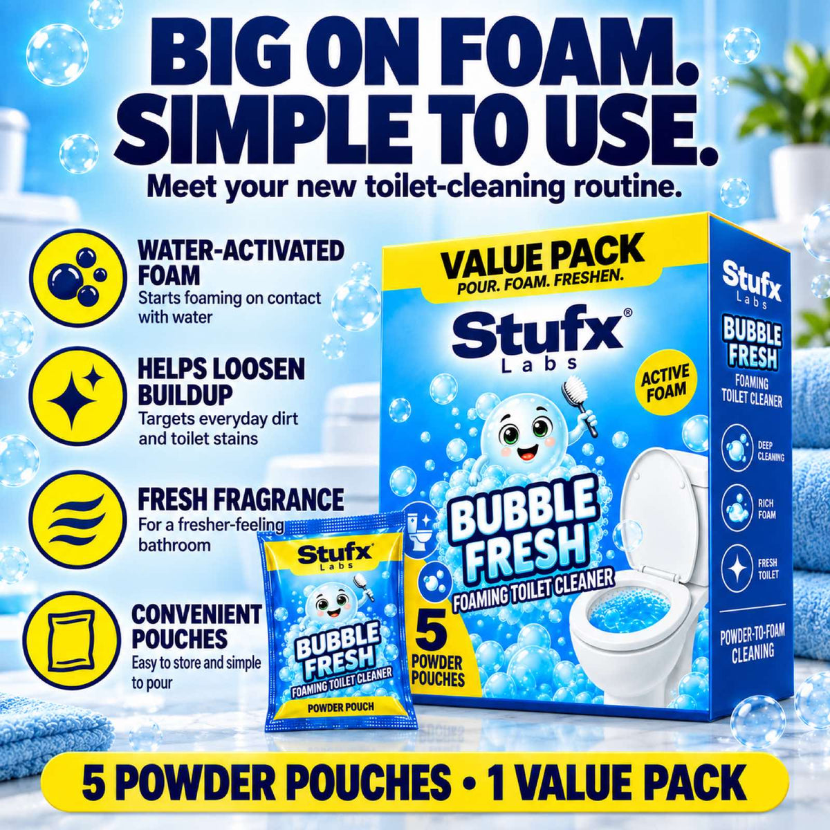 Bubble Fresh box and pouch with feature list: water-activated foam, loosens buildup, fresh fragrance, easy pouches