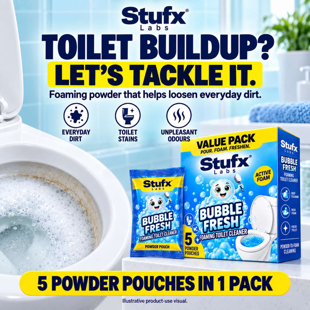 Bubble Fresh pouch and box next to a toilet bowl, foaming powder for everyday dirt, stains and odours