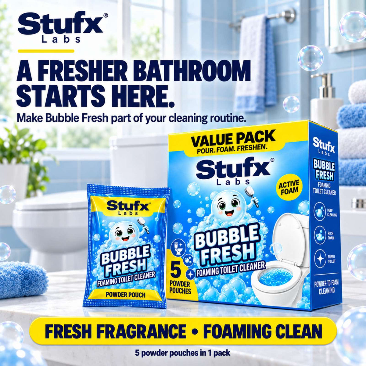 Bubble Fresh pouch and box on a bathroom counter, fresh fragrance and foaming clean