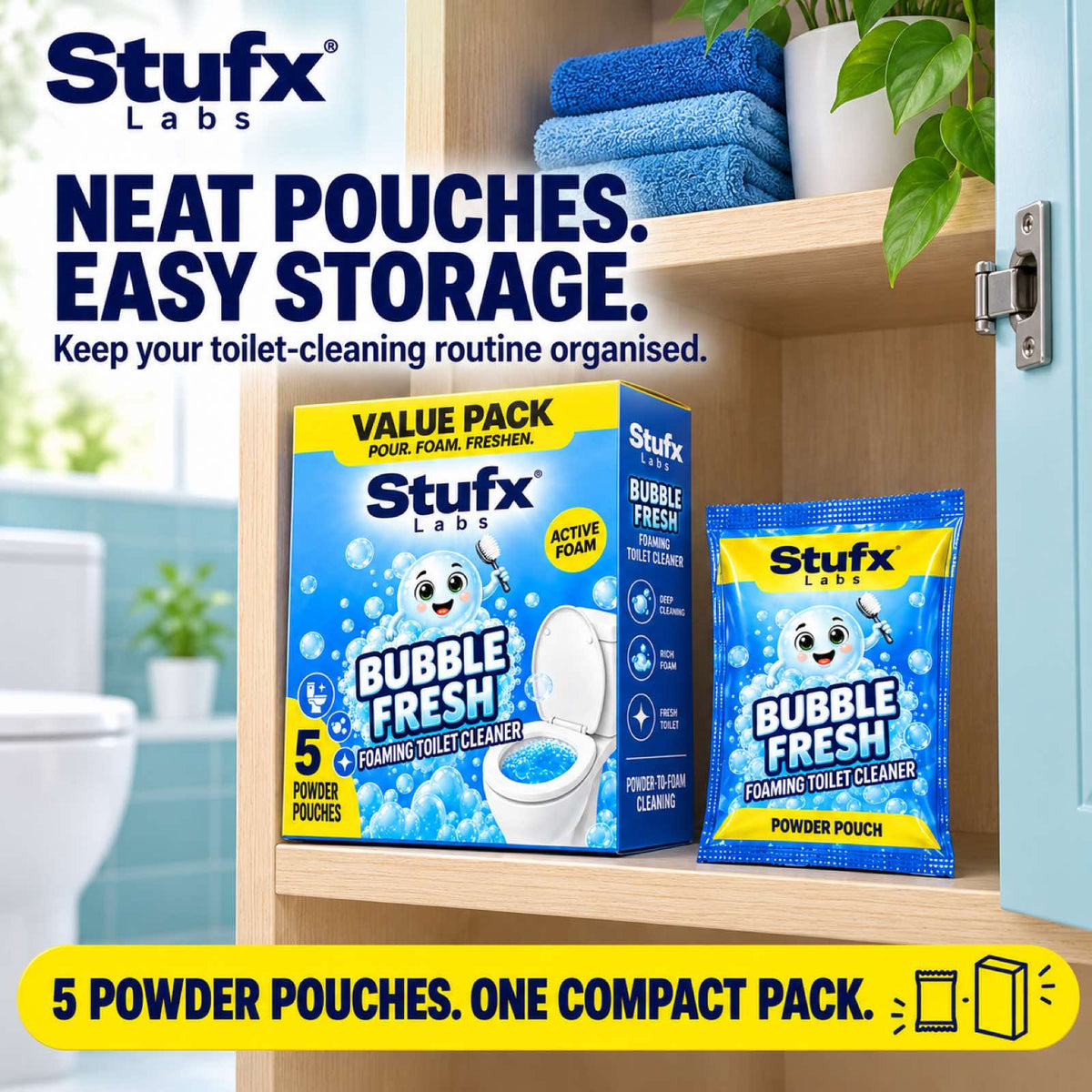 Bubble Fresh value pack and pouch stored neatly on a bathroom cabinet shelf