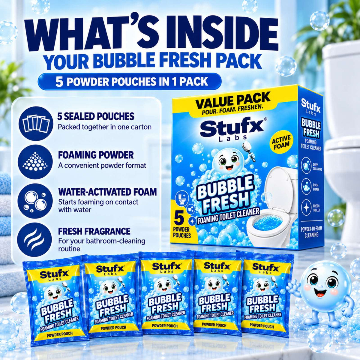 What is inside the Bubble Fresh pack: five sealed pouches of water-activated foaming powder with fresh fragrance