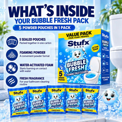 What is inside the Bubble Fresh pack: five sealed pouches of water-activated foaming powder with fresh fragrance