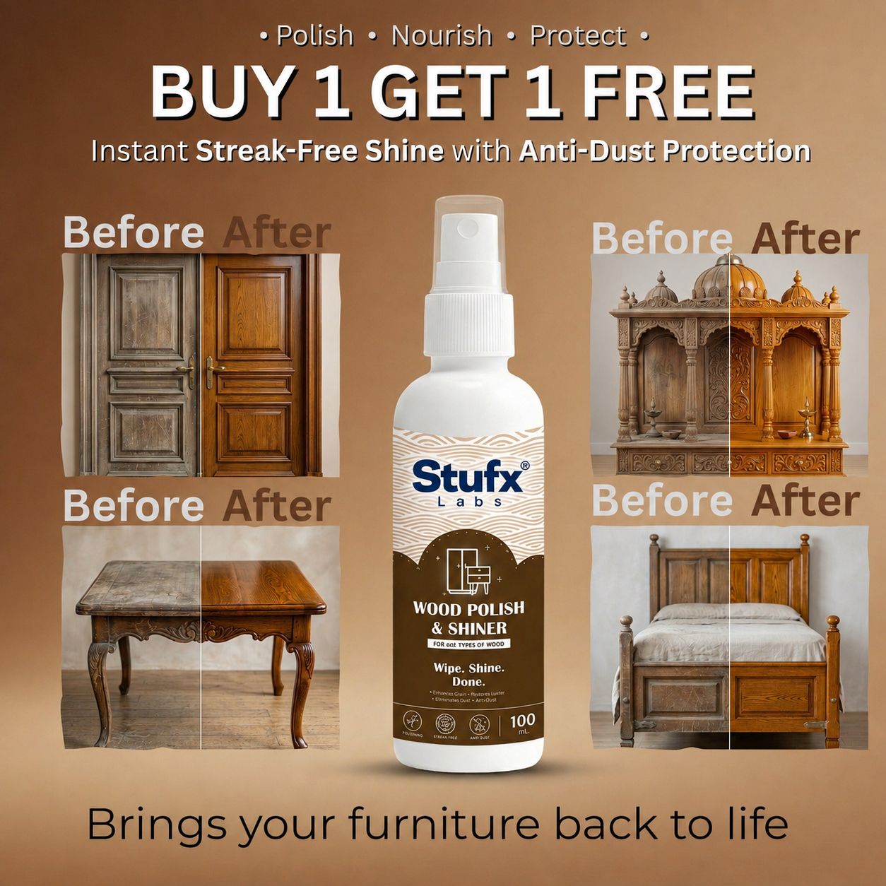 Wood Polish & Shiner Spray 100ml – For Furniture, Doors, Dining Table & Mandir