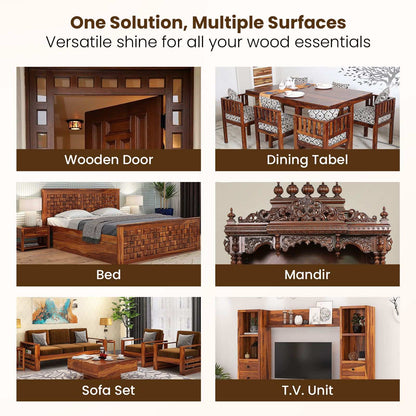Wood care examples showing a door, dining table, bed, mandir, sofa and TV unit
