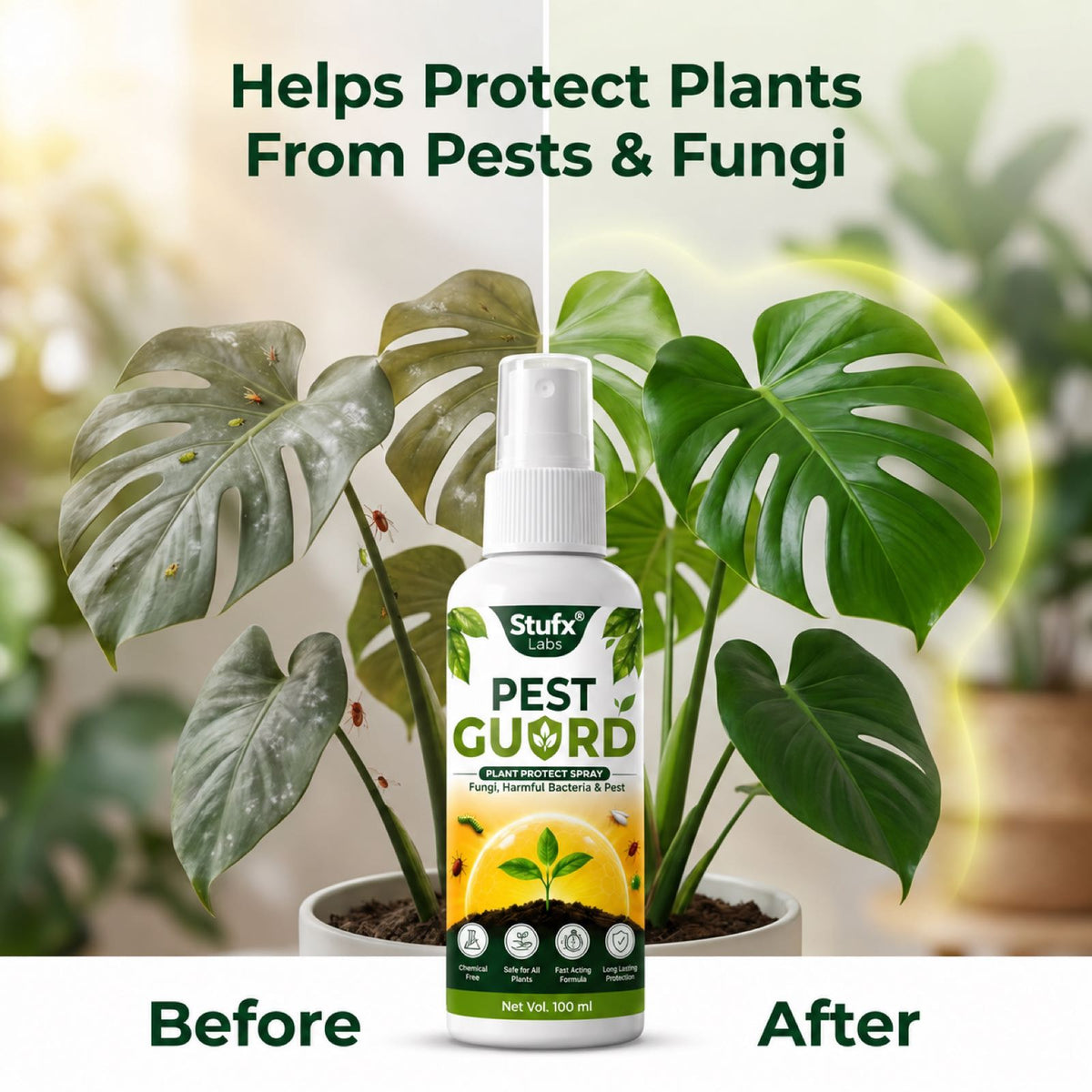 Pest Guard bottle with a before-and-after plant illustration