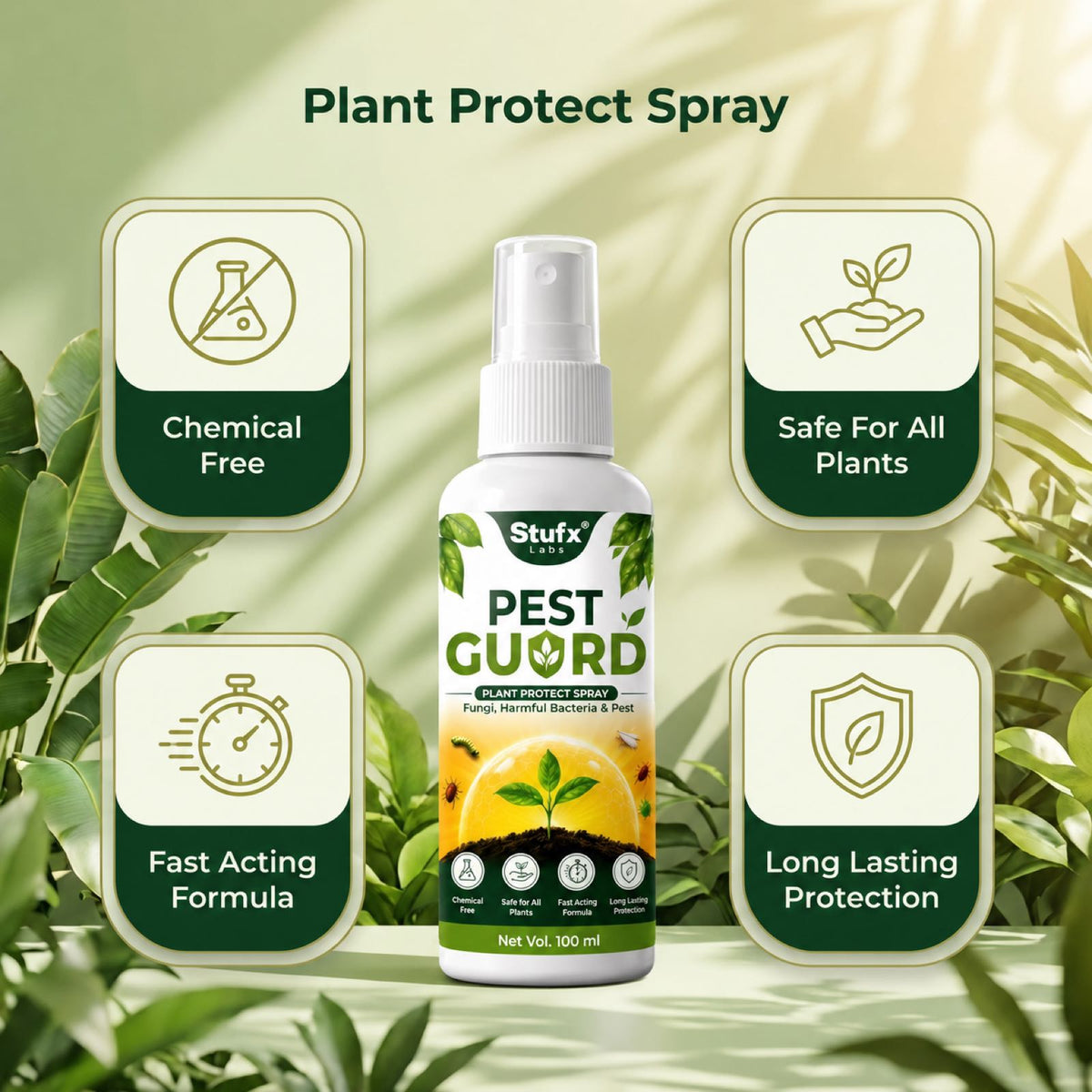 Pest Guard Plant Protect Spray bottle with product feature icons