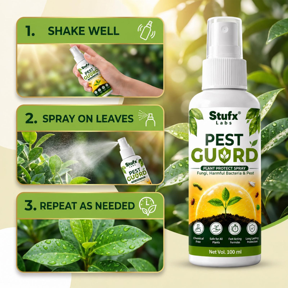 Pest Guard directions illustrated as shake, spray on leaves and repeat as directed