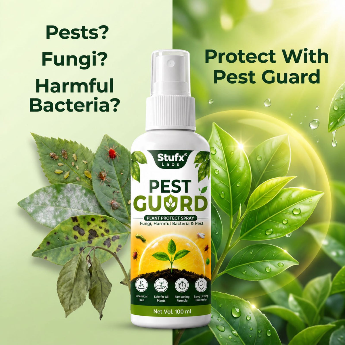 Pest Guard bottle beside illustrations of affected and green plant leaves