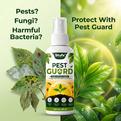 Pest Guard bottle beside illustrations of affected and green plant leaves