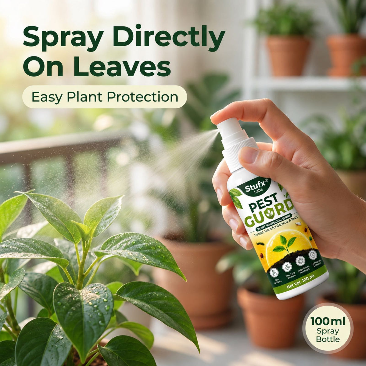 Hand holding Pest Guard spray beside a leafy plant
