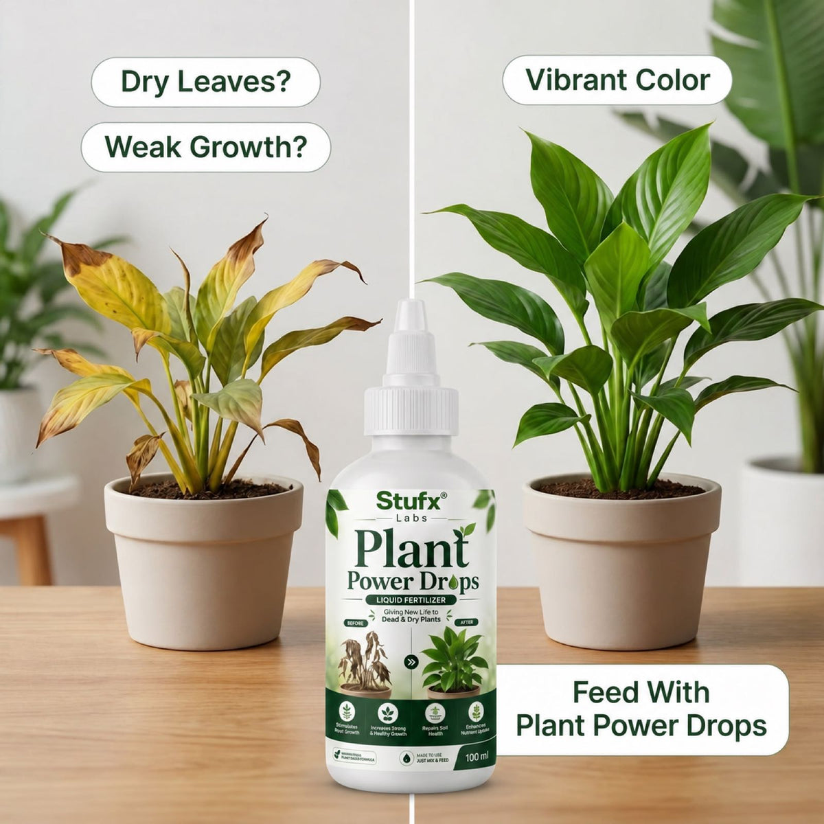 Plant Power Drops bottle between potted plants with yellow and green leaves