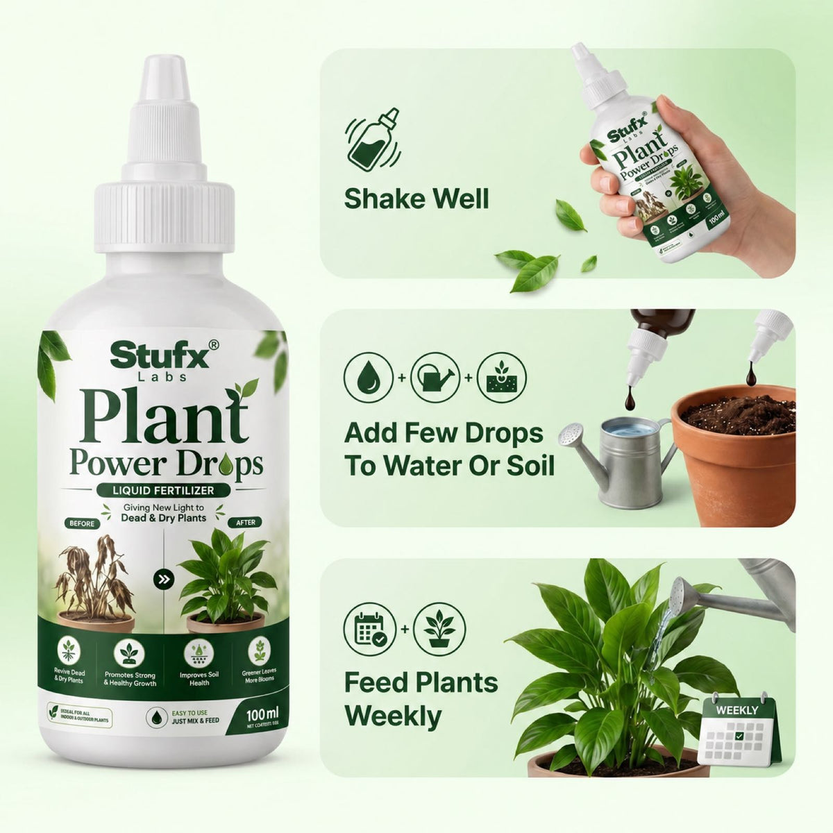 Plant Power Drops illustrated directions for shaking, adding drops and weekly feeding
