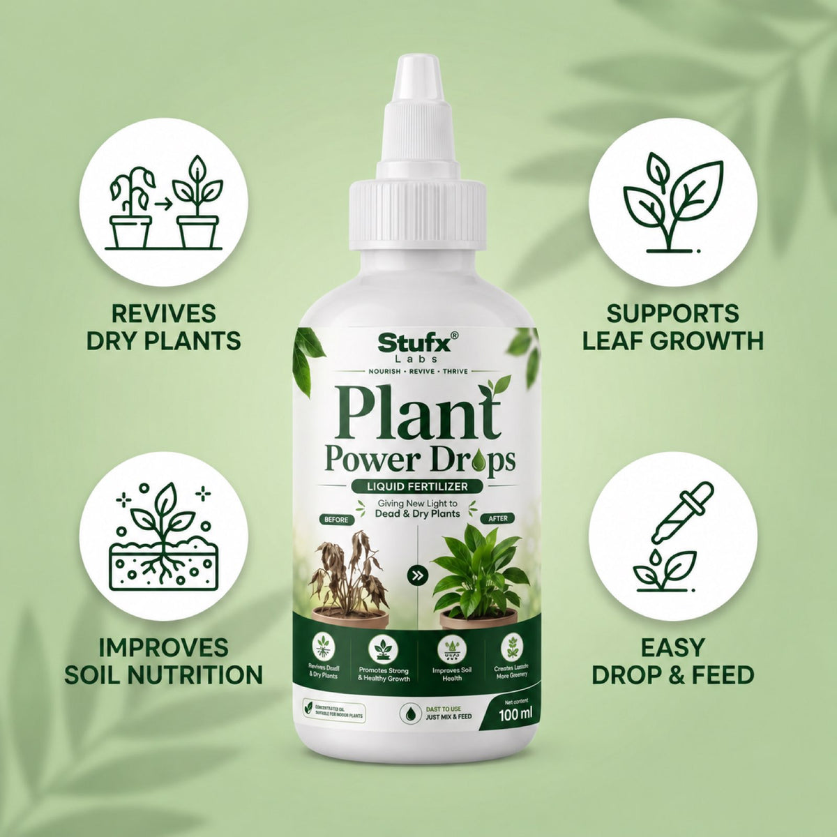 Plant Power Drops bottle with plant growth and soil nutrition feature icons
