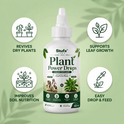 Plant Power Drops bottle with plant growth and soil nutrition feature icons