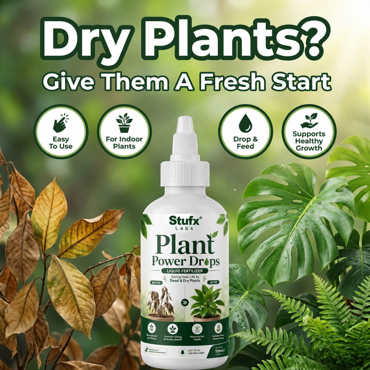 Plant Power Drops bottle between dry leaves and green foliage