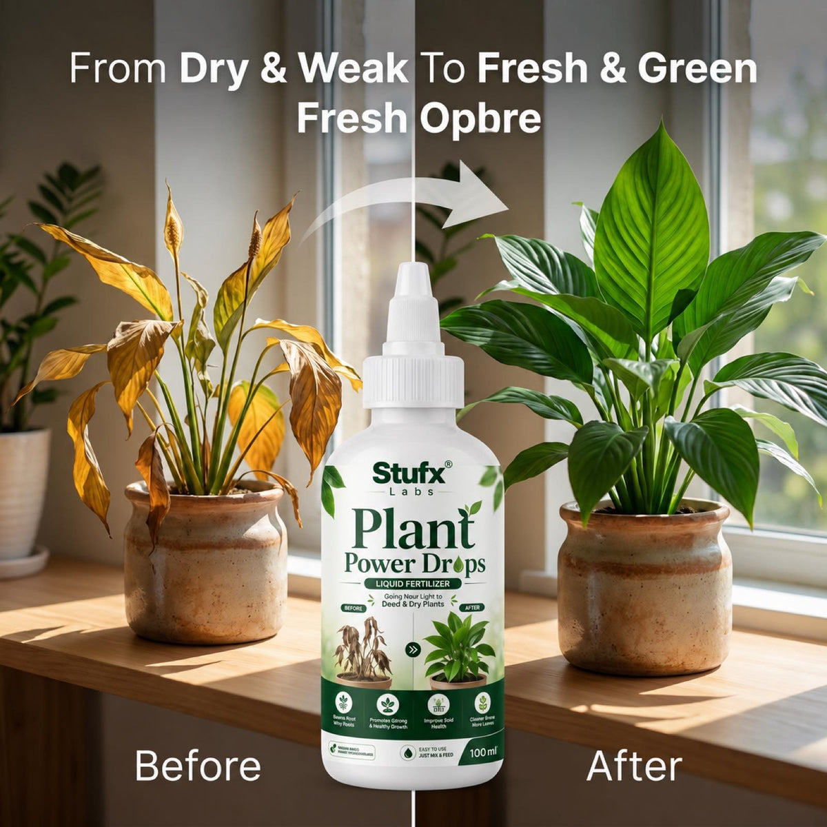 Plant Power Drops bottle with a side-by-side illustration of dry and green plants