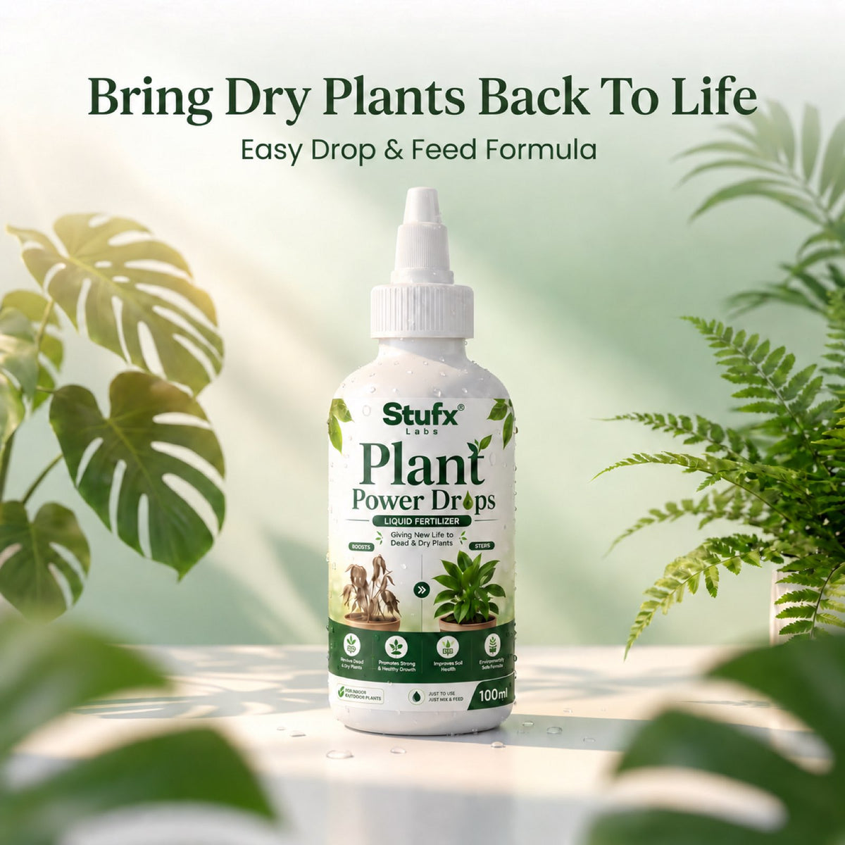 Stufx Lab Plant Power Drops bottle surrounded by green leaves