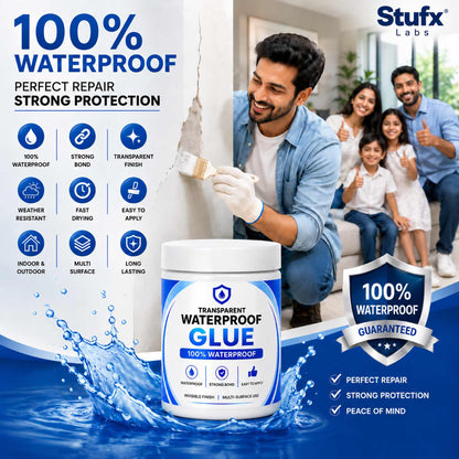 Stufx Lab Transparent Waterproof Glue jar with applicator brush for home waterproofing repairs