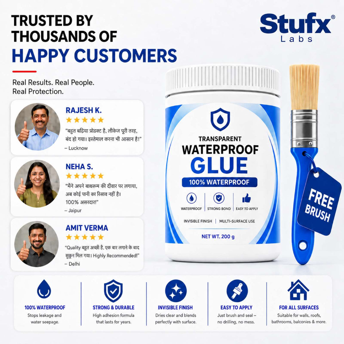 Stufx Lab Transparent Waterproof Glue jar with the free applicator brush included in the offer