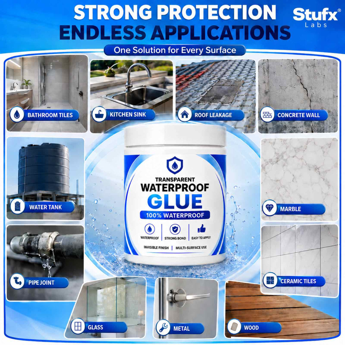Stufx Lab Transparent Waterproof Glue shown on bathroom tiles, pipes, roofs, glass, metal and wood surfaces