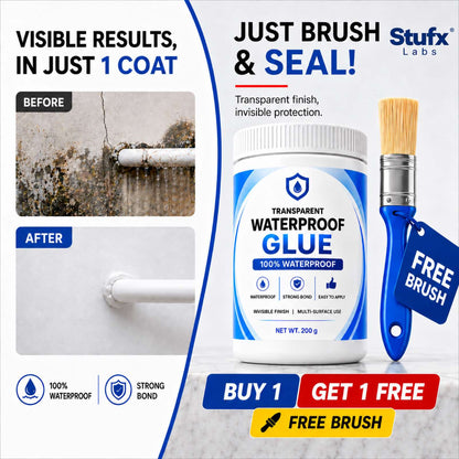 Stufx Lab Transparent Waterproof Glue jar and brush with the Buy 1 Get 1 Free plus free brush offer